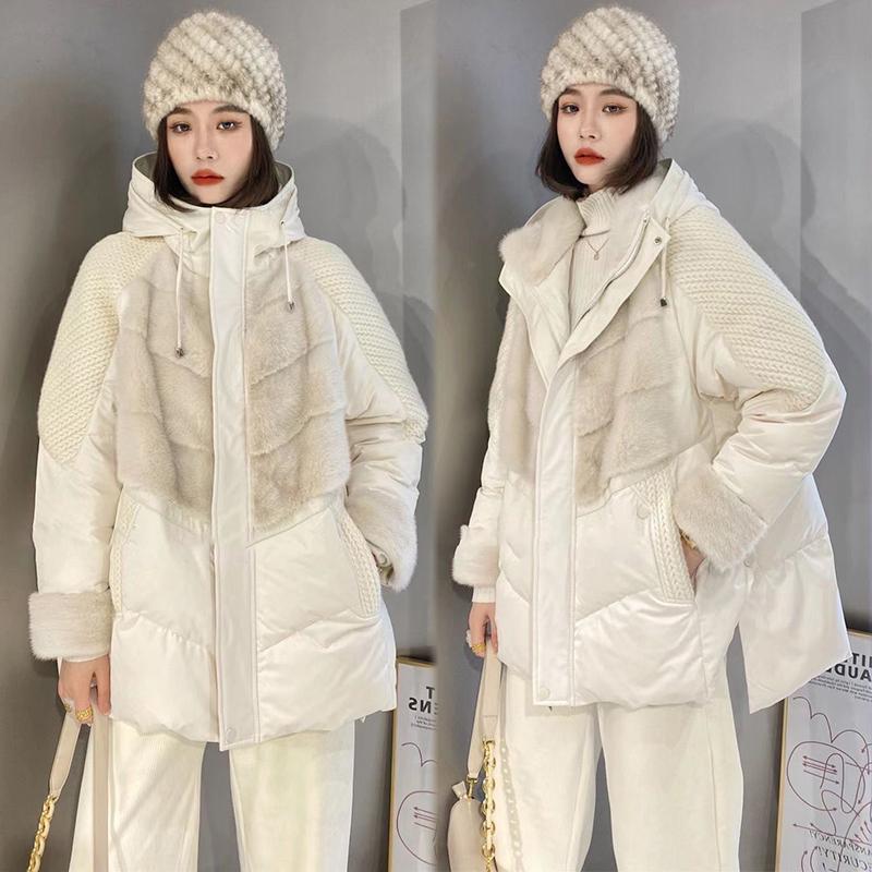 杭州正品羽绒服女中长款2021年冬新款韩版针织拼接连帽加厚外套