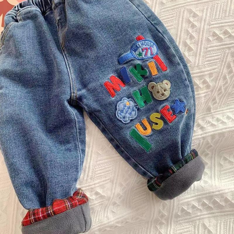 Soft and waxy~~Foreign trade boys' velvet jeans winter children's baby Japanese style double layer velvet denim long pants trendy