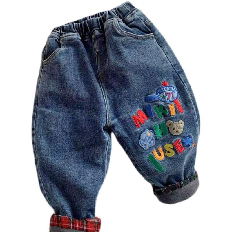 Soft and waxy~~Foreign trade boys' velvet jeans winter children's baby Japanese style double layer velvet denim long pants trendy