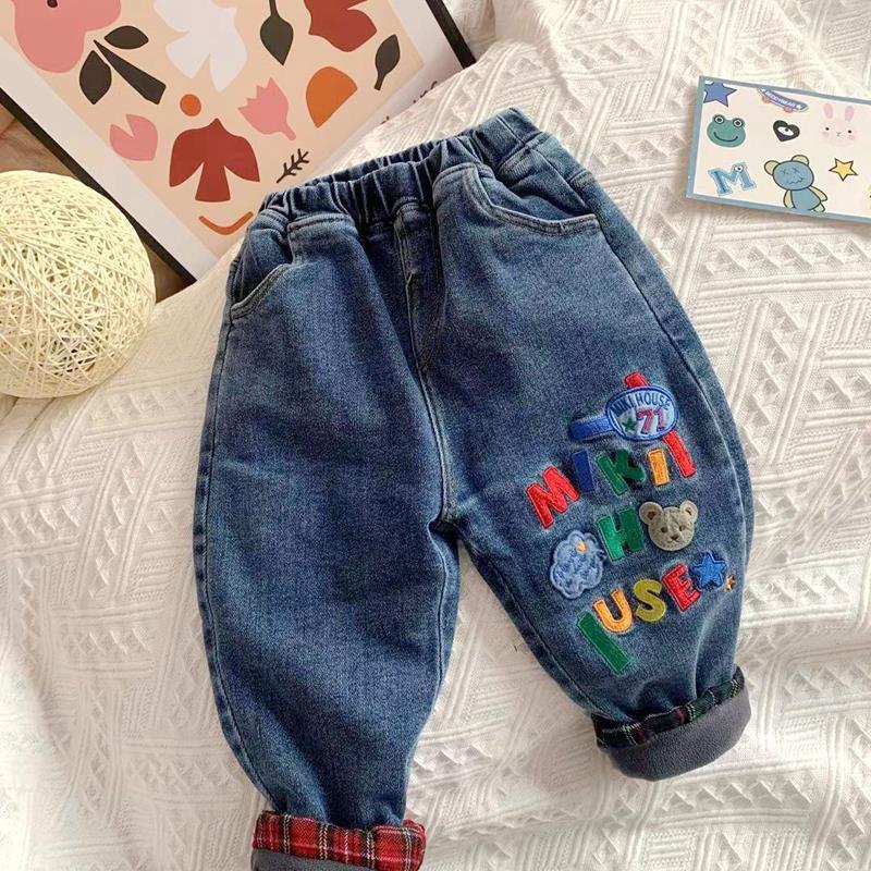 Soft and waxy~~Foreign trade boys' velvet jeans winter children's baby Japanese style double layer velvet denim long pants trendy