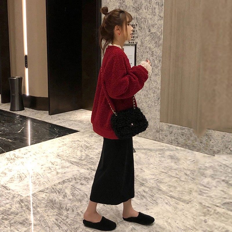 苹果型梨形身材胖女孩冬季胸大微胖女生圣诞节过年红穿搭显瘦套装