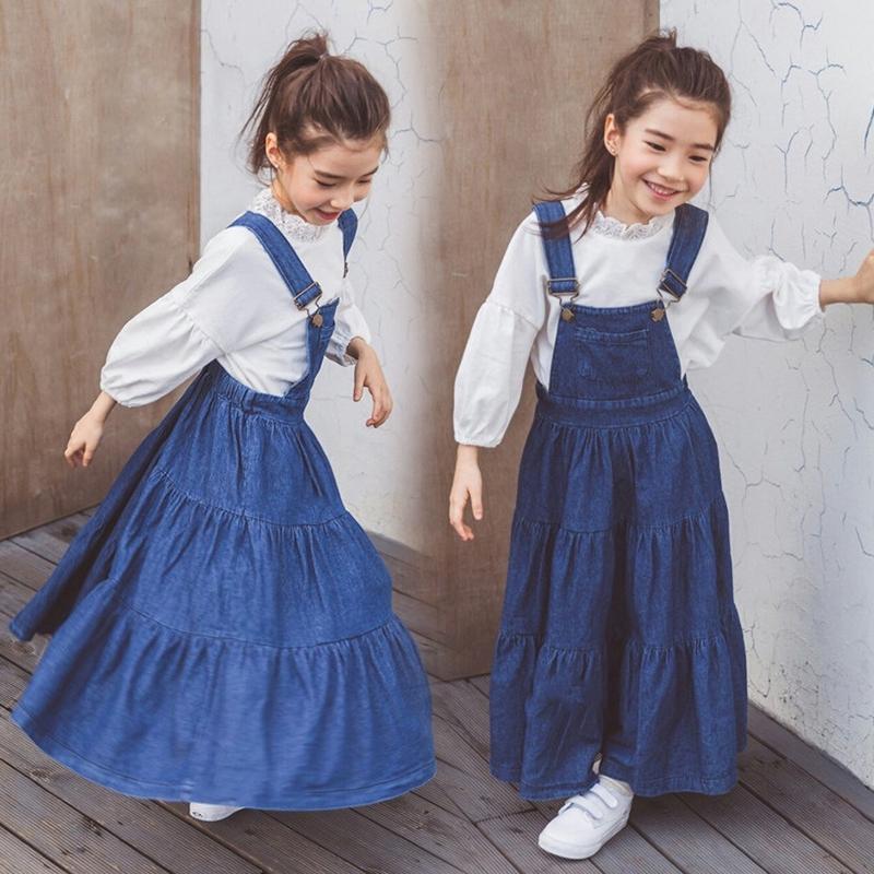 2023 spring and autumn summer Korean version of children's clothing girls' suspender skirt denim skirt suspender dress long casual splicing