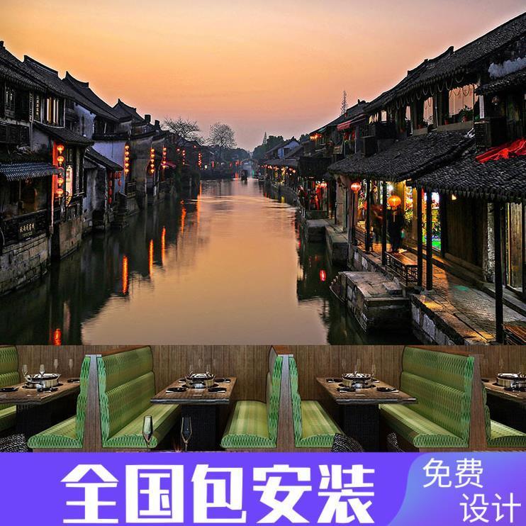 江南水乡夜景壁纸乌镇周庄西塘风景背景墙布客厅卧室装饰墙纸壁画