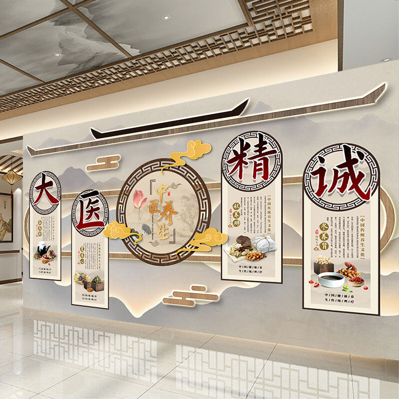 新中式养生馆墙纸中医文化前台吧台背景墙装饰壁画经络按摩店壁纸