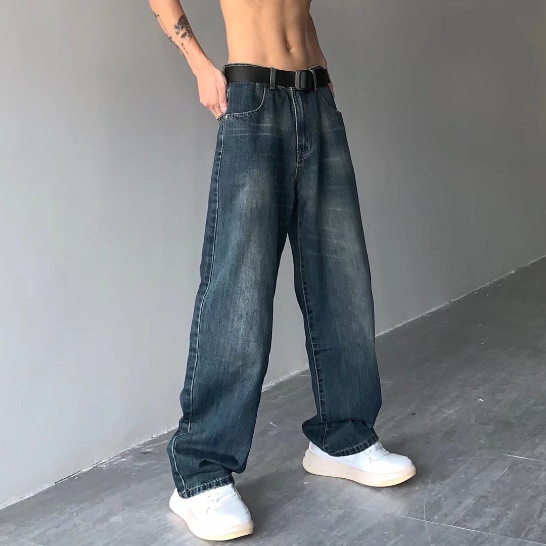 日系街頭復古闊腿水洗牛仔老爹褲男ins潮牌百搭直筒寬鬆休閒長褲