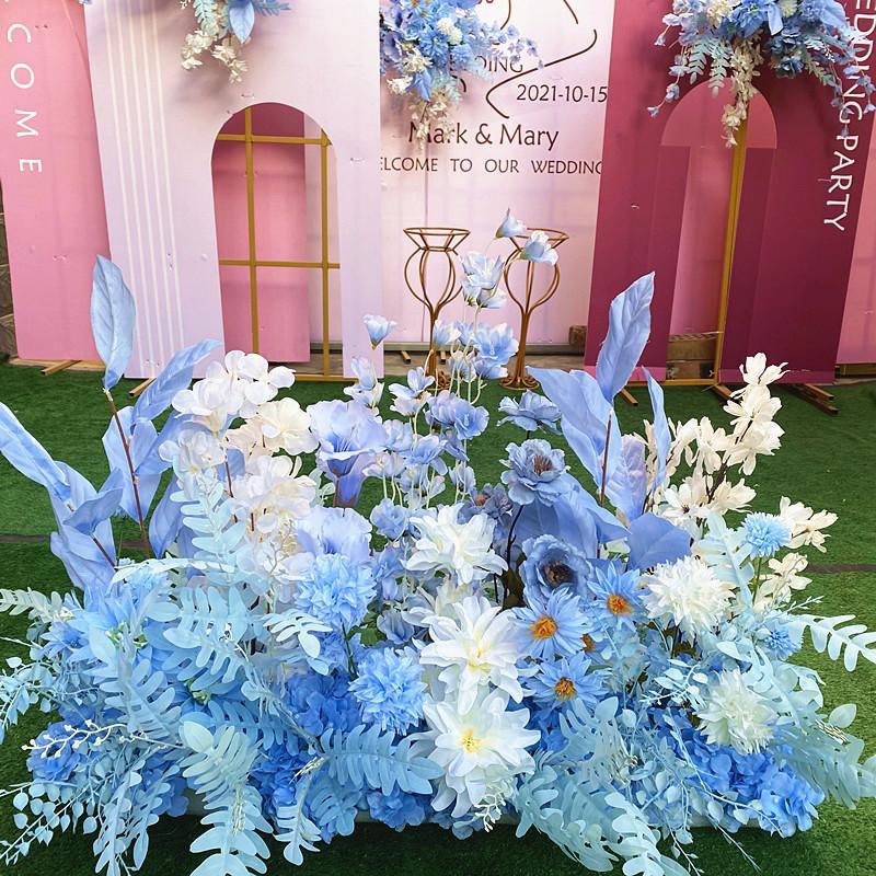 新款蓝色系全套仿真花排婚礼舞台地排花路引花器迎宾区装饰花艺 虎窝拼