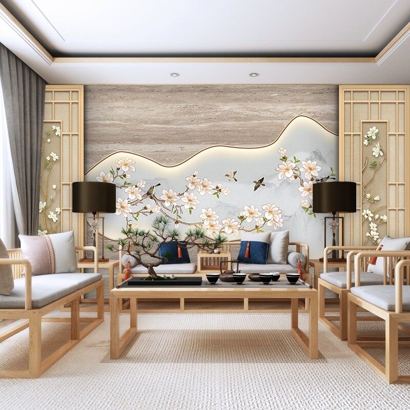 新中式玉兰花鸟壁纸现代简约中国风轻奢客厅背景墙装饰美容院墙纸