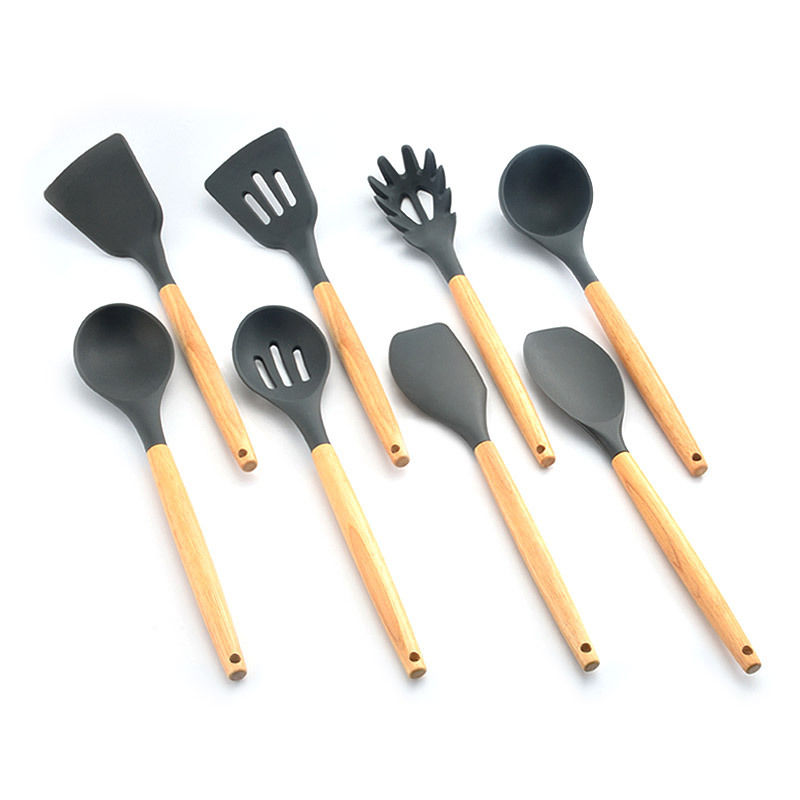 欧式木柄硅胶厨具8件套 厨房烹饪厨具套装家用不粘锅铲勺工具套装