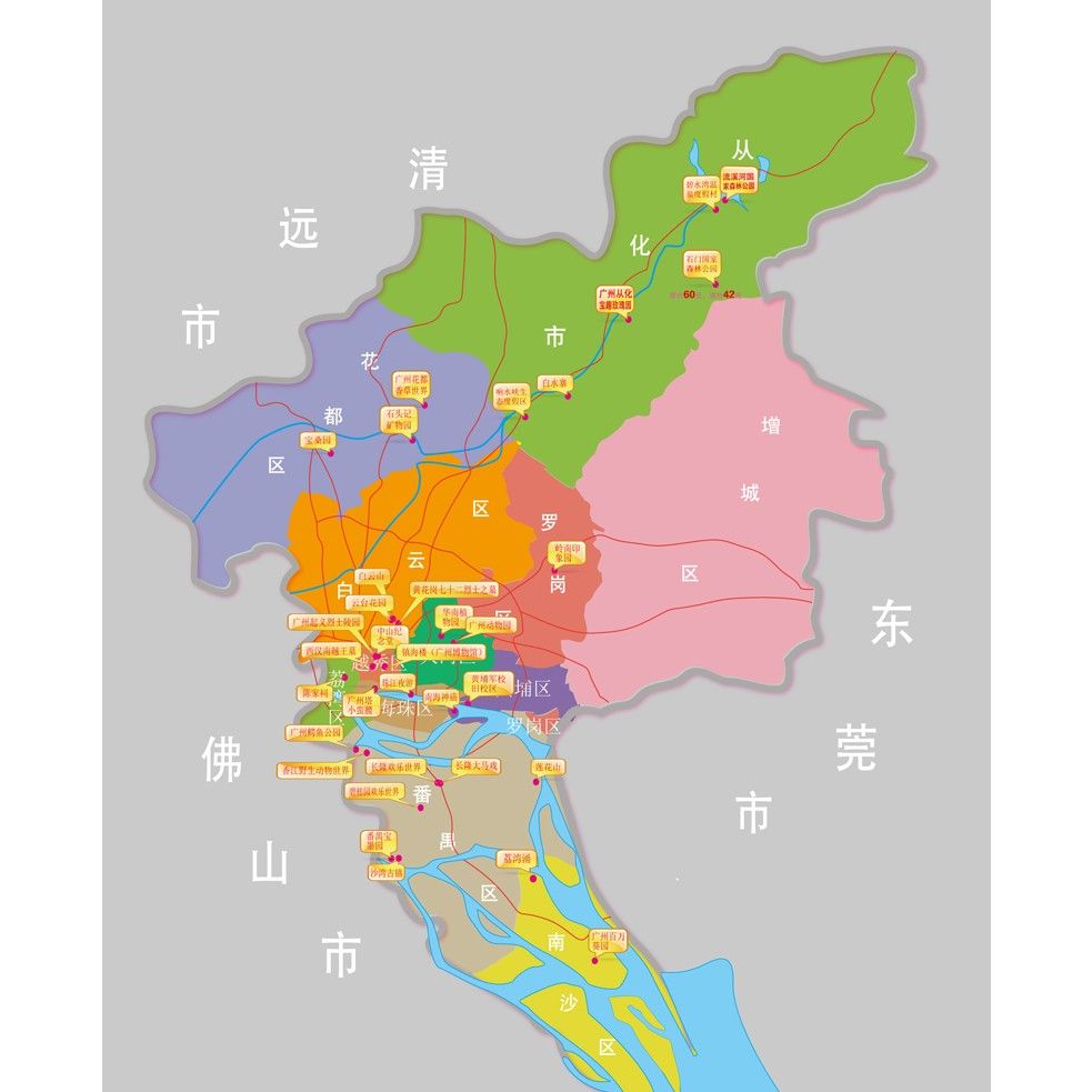 广州分区地图ai矢量素材 广州地图 广州景点图 简单地图 设计素材