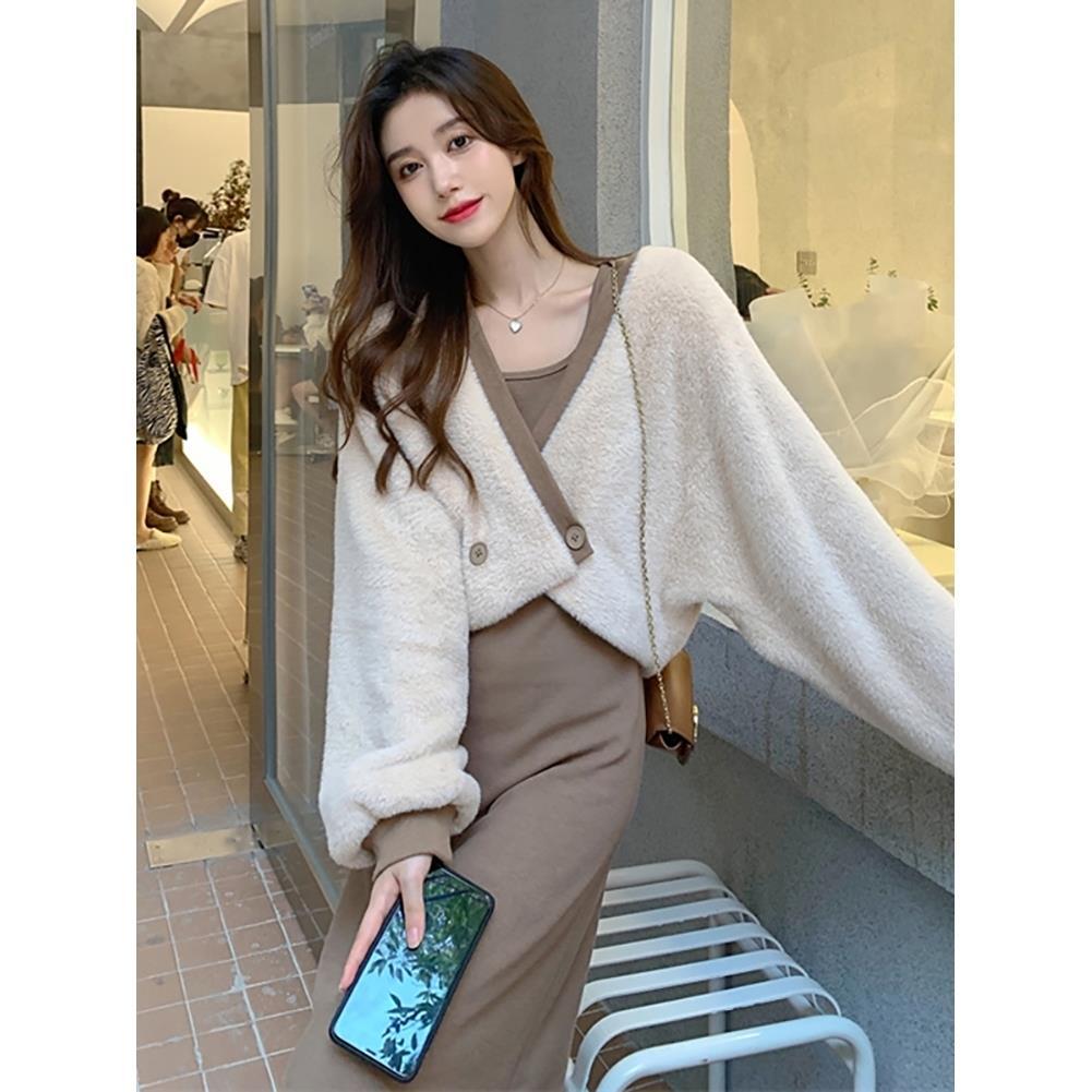 時尚套裝女小香風毛毛外套秋冬新款設計感上衣+吊帶裙兩件套