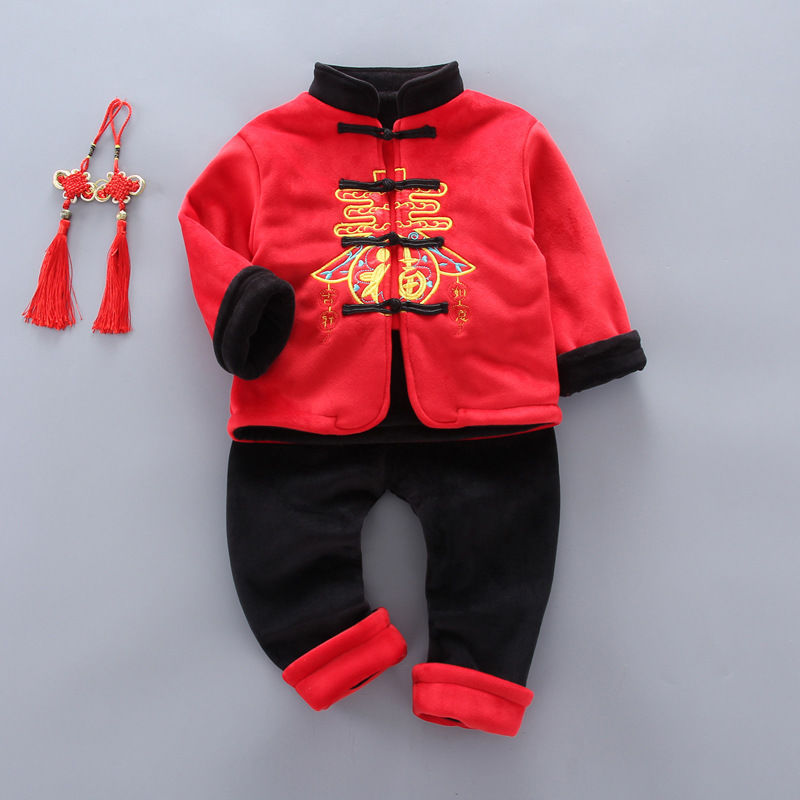 儿童复古冬装传统中国风新年衣服男童套装婴儿女宝宝加绒拜年服