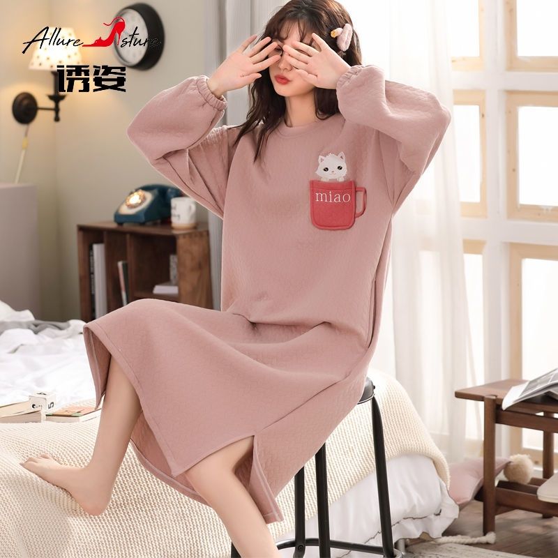 Tempting nightdress women's autumn and winter long section thickened pure clothing air cotton spring and autumn home service interlayer  new winter