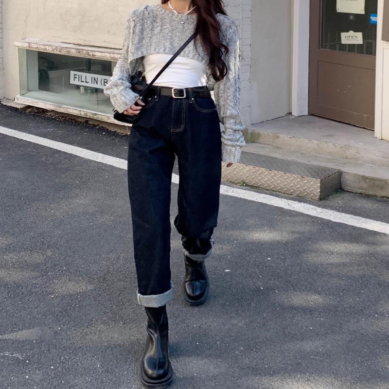 梨形身材黑色直筒牛仔裤女2021冬高腰宽松显瘦搭配马丁靴卷边烟管【3