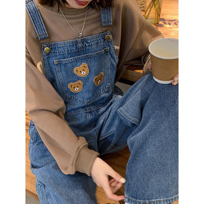 Cute three little bear overalls women's Korean style chic college style age-reducing all-match ghost horse girl denim jumpsuit