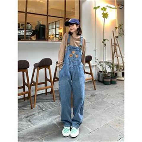 Cute three little bear overalls women's Korean style chic college style age-reducing all-match ghost horse girl denim jumpsuit