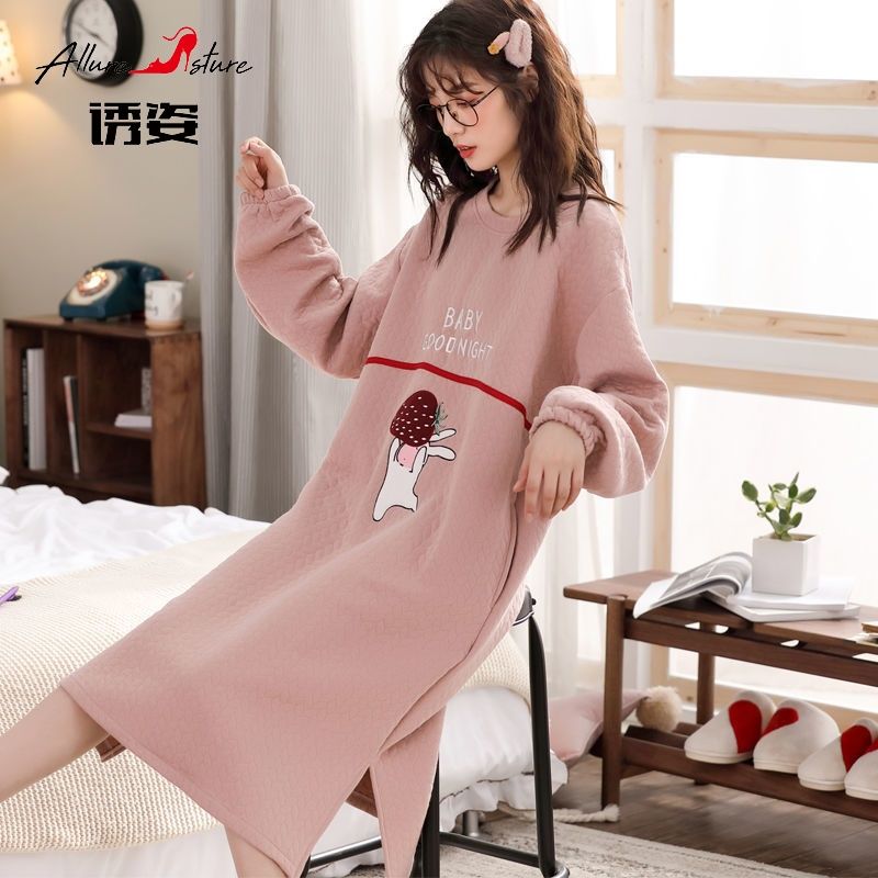 Tempting nightdress women's autumn and winter long section thickened pure clothing air cotton spring and autumn home service interlayer  new winter