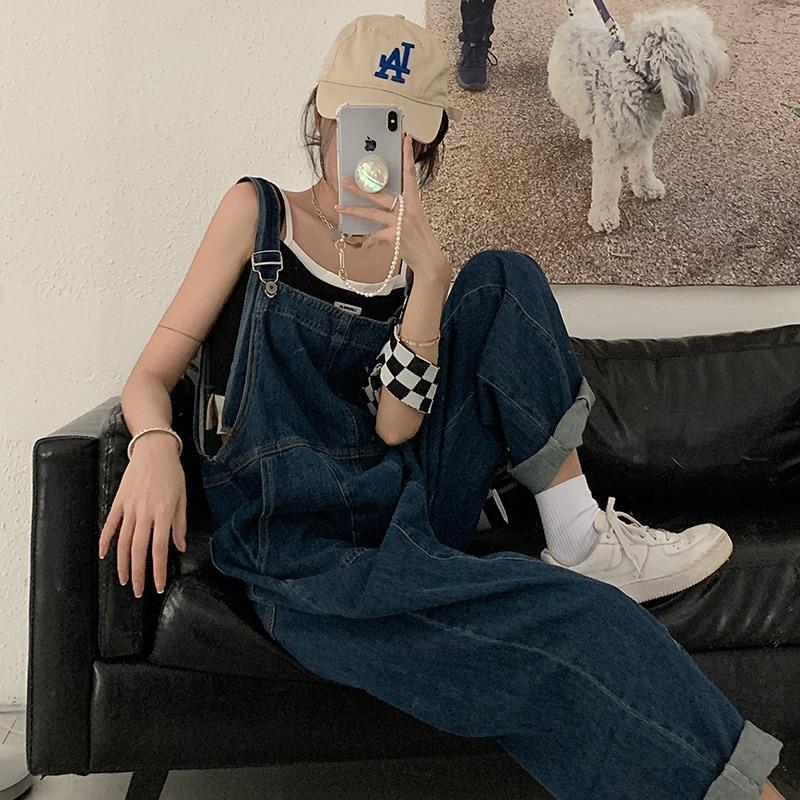 Dark blue denim overalls women's spring and summer  new loose jumpsuits small man age-reducing wide-leg trousers tide
