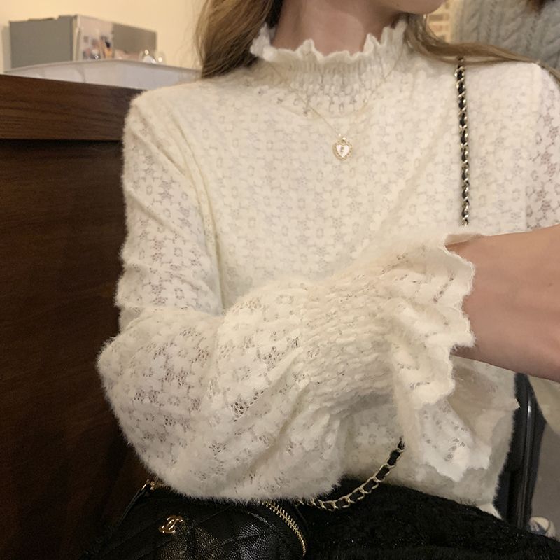 蕾絲加絨加厚打底衫女2021秋冬新款內搭半高領洋氣磨毛襯衣