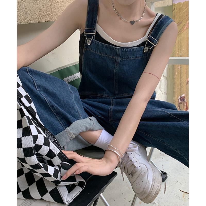 Dark blue denim overalls women's spring and summer  new loose jumpsuits small man age-reducing wide-leg trousers tide