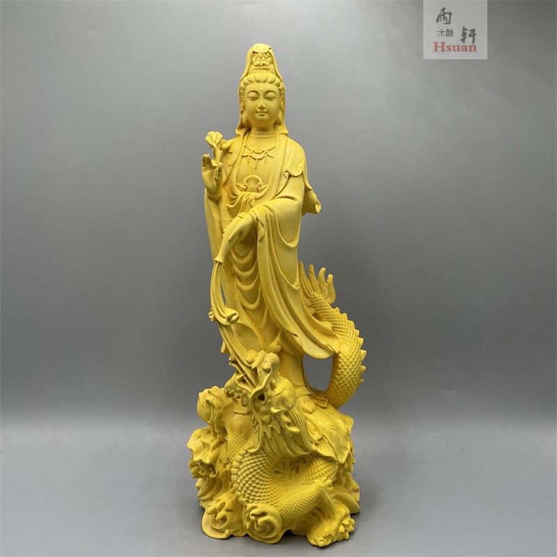 崖柏黄杨木雕刻御龙观音工艺品风水饰品佛像摆件实木客厅家居供奉