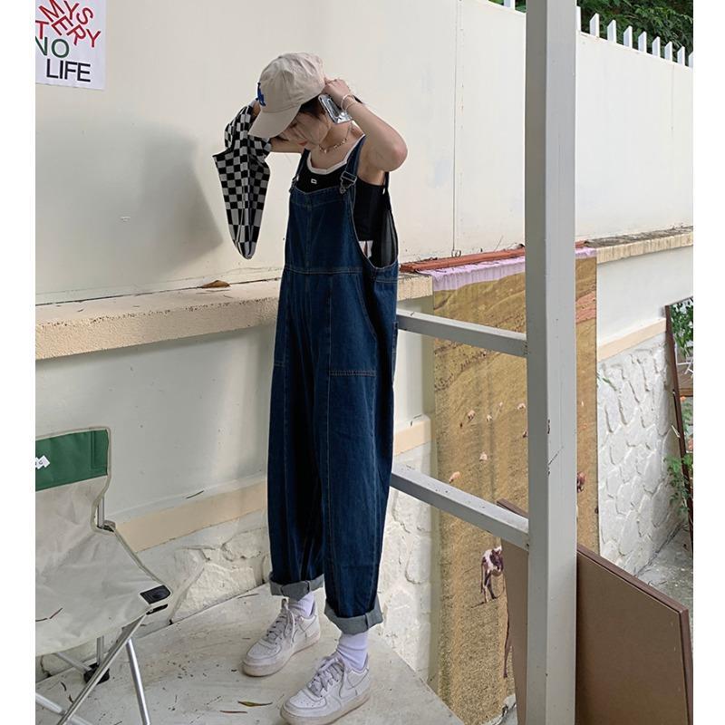 Dark blue denim overalls women's spring and summer  new loose jumpsuits small man age-reducing wide-leg trousers tide