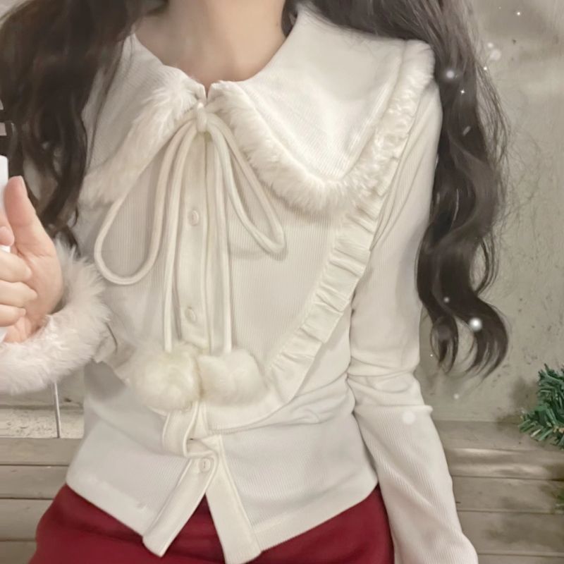 日系軟妹雪精靈可愛球球毛邊甜妹打底衫小香風長袖開衫上衣女秋冬
