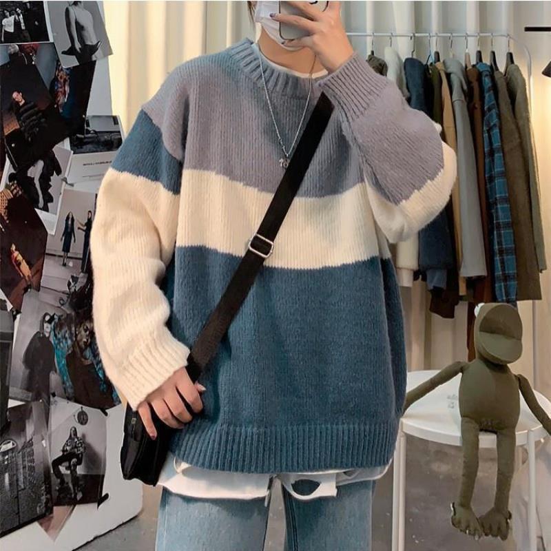 Hong Kong style ins sweater men's pullover sweater trend loose men's autumn jacket handsome jeans suit