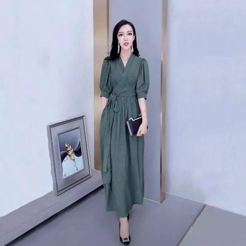 复古气质优雅一片式裹身裙绿色格子连衣裙女2021秋季新款显瘦长裙
