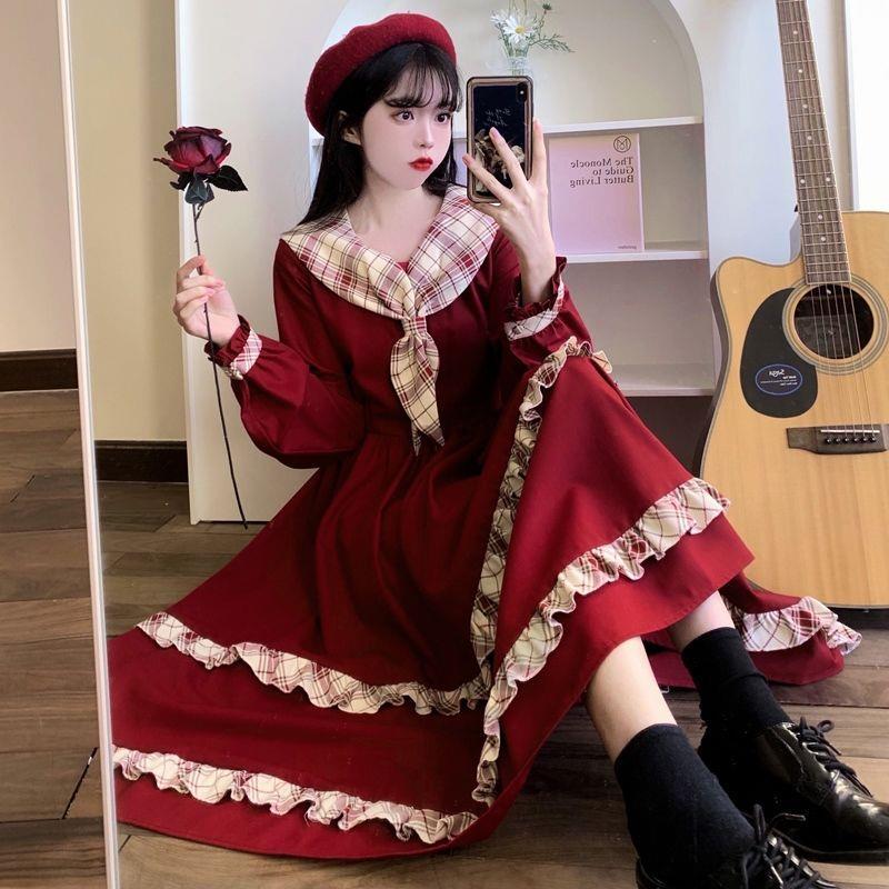 2023年學院風小眾酒紅色連衣裙日系甜美少女春秋減齡古着感大擺裙
