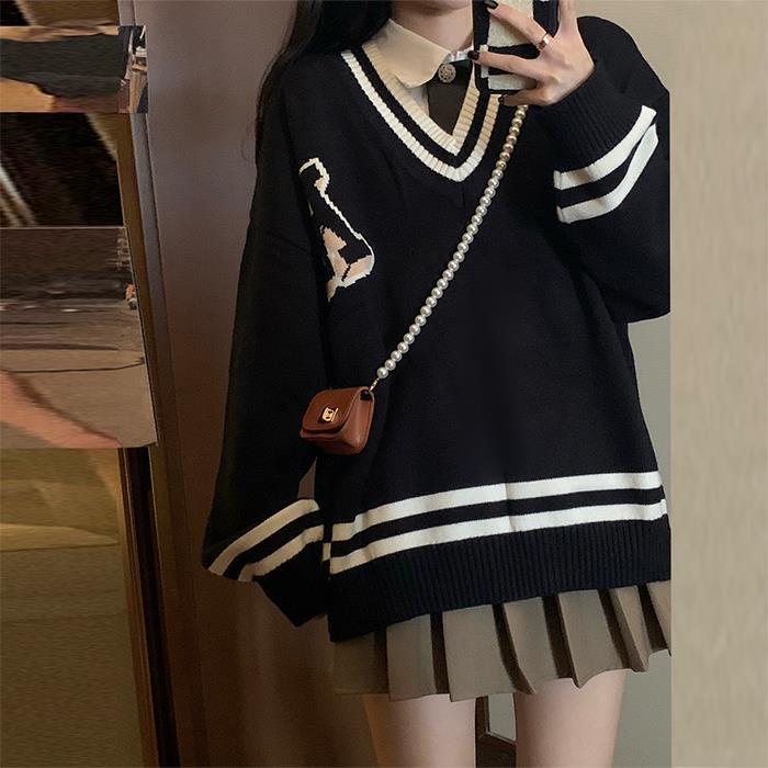 Three-piece suit/one-piece preppy sweater women's spring and autumn Korean version loose V-neck contrast color sweater shirt pleated skirt