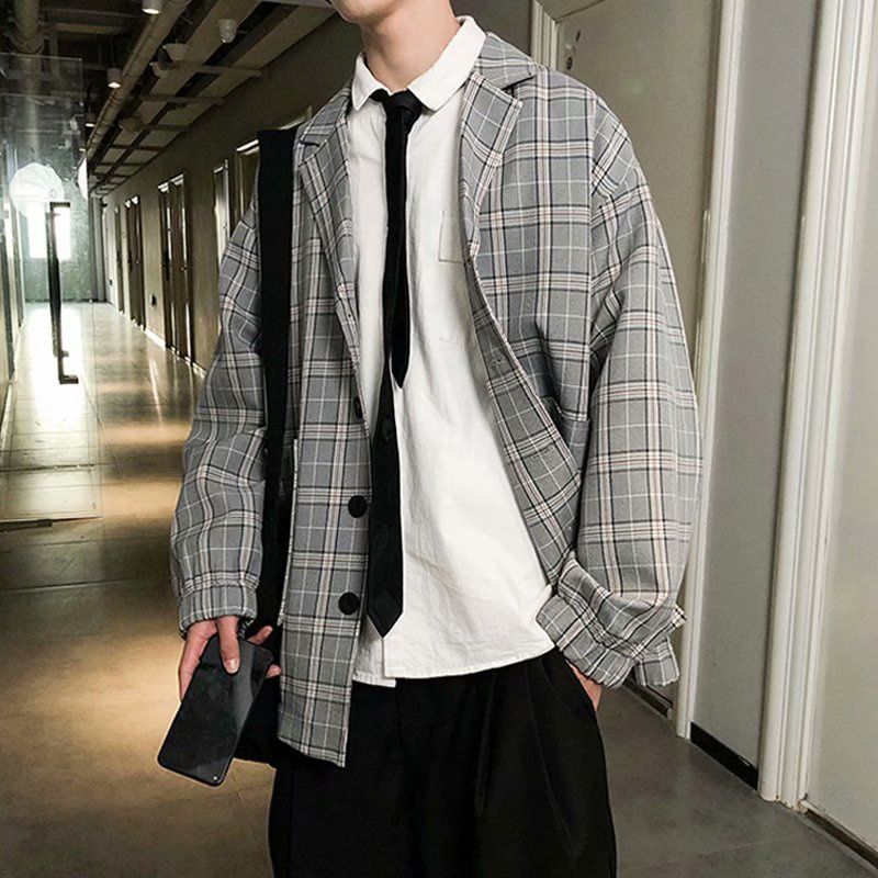 高级感炸街小西服oversize春秋款网红痞帅格子西装外套男韩版潮流