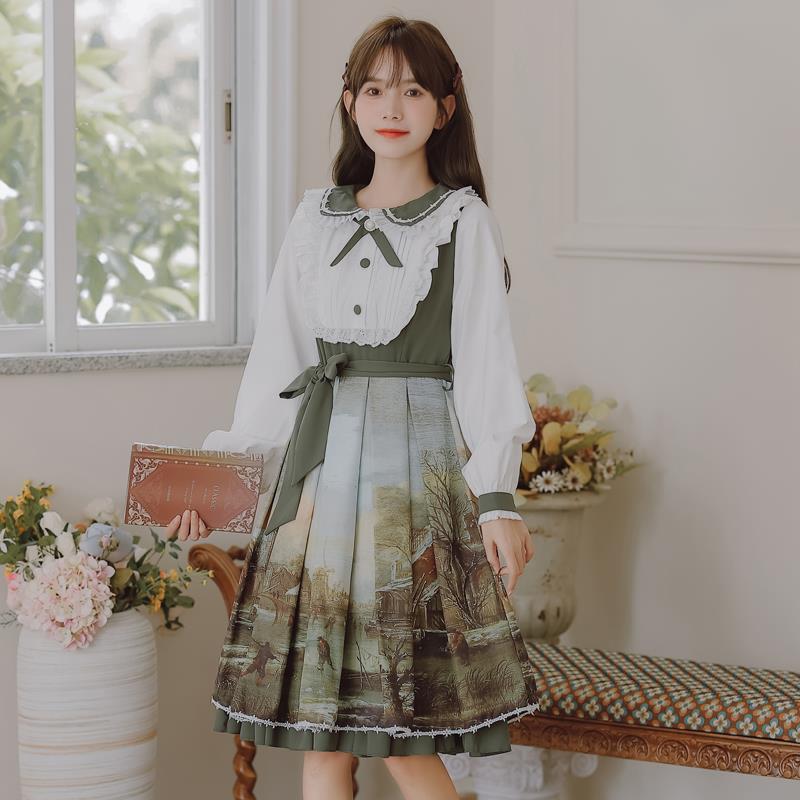 春复古油画lolita洋装连衣裙宫廷风公主裙设计油画柄田园风甜美裙【3