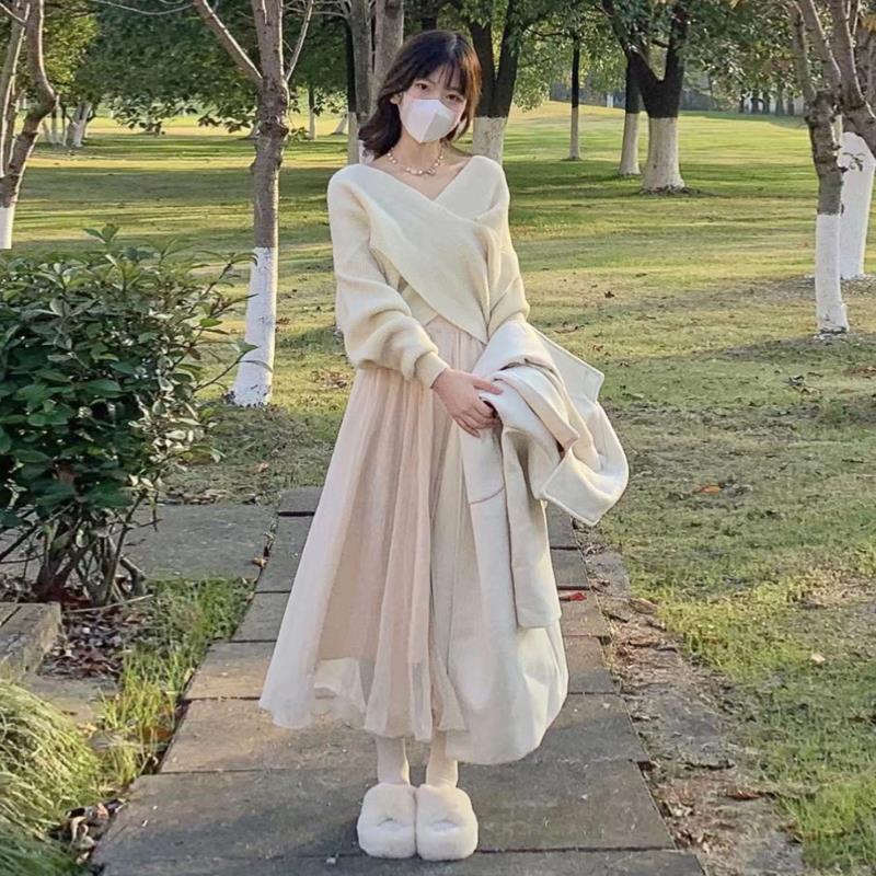 兩件套裝/單件溫柔風毛衣女春秋2023新款氣質交叉V領長袖針織衫冬