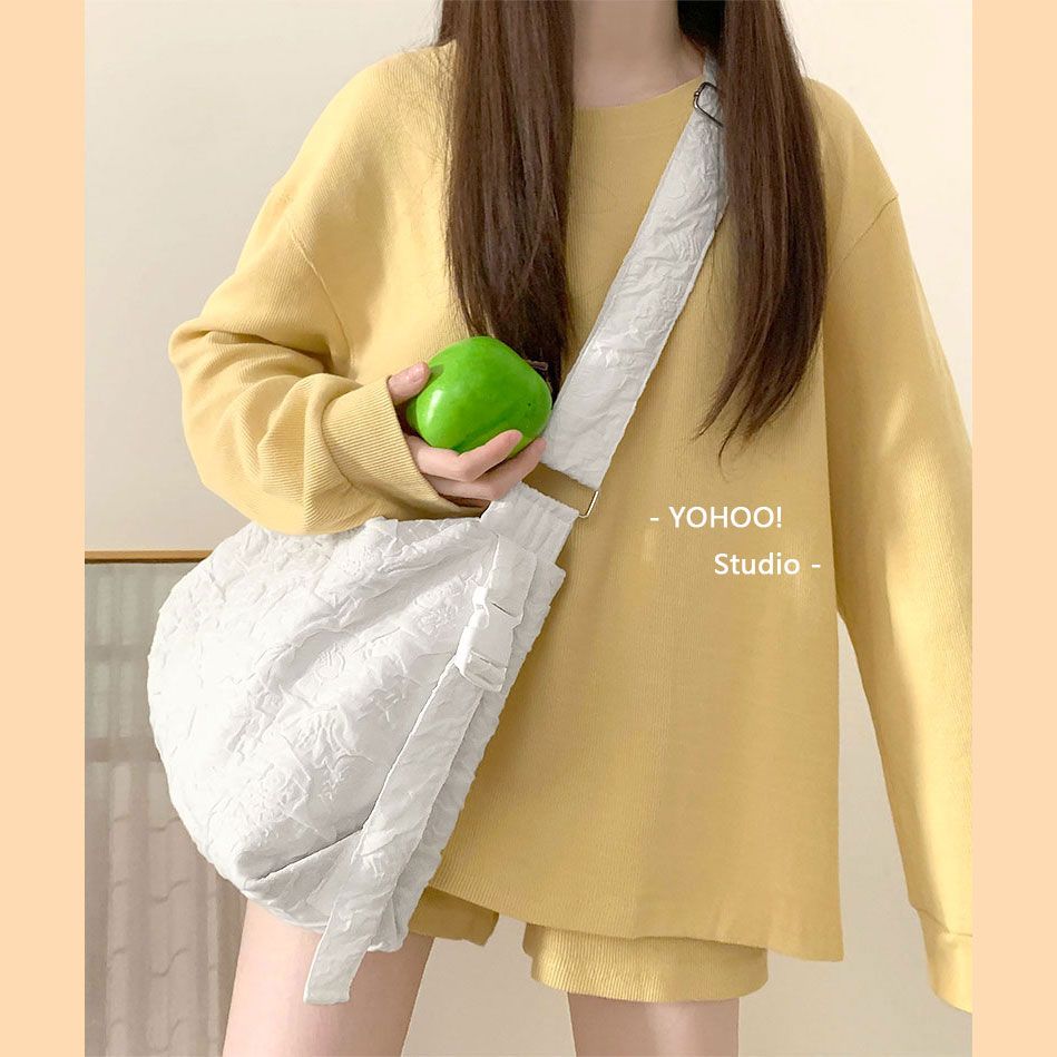YOHOO!/ins褶皺藝術質感黑白大容量百搭斜挎包包女單肩帆布袋書包