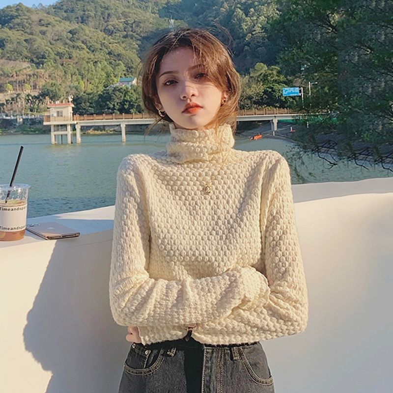 法式溫柔上衣超仙氣質長袖高領打底衫設計感內搭女秋冬洋氣蕾絲衫