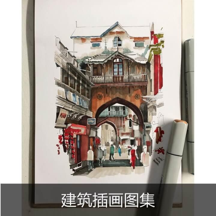 t586国外马克笔建筑手绘插画临摹素材写实街景商铺小房子线稿图集