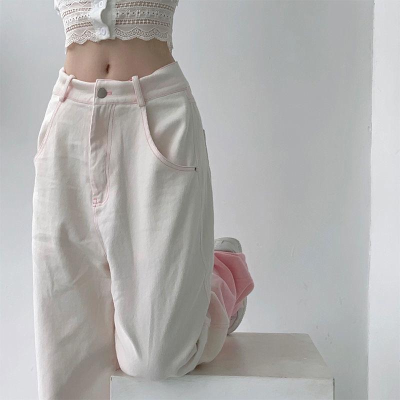 European and American design mopping pants 2022 new high waist loose straight sweet and spicy gradient pink jeans summer thin