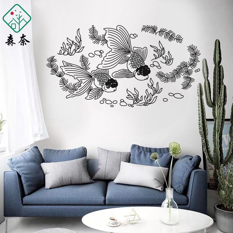 中式古典元素福娃锦鲤兰花书房玄关个性背景墙贴装饰画贴纸贴画花
