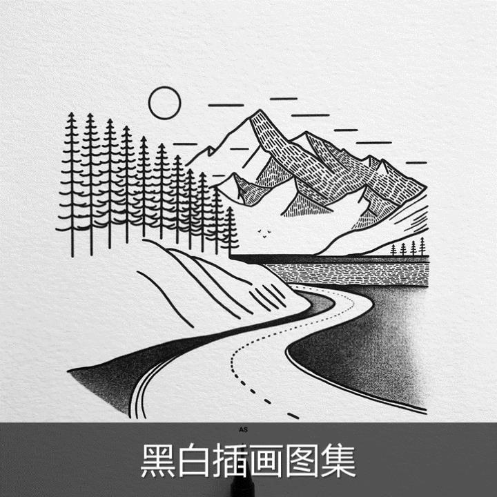 b549欧美插画师黑白风景装饰画手绘线条线描针管笔画画临摹素材图