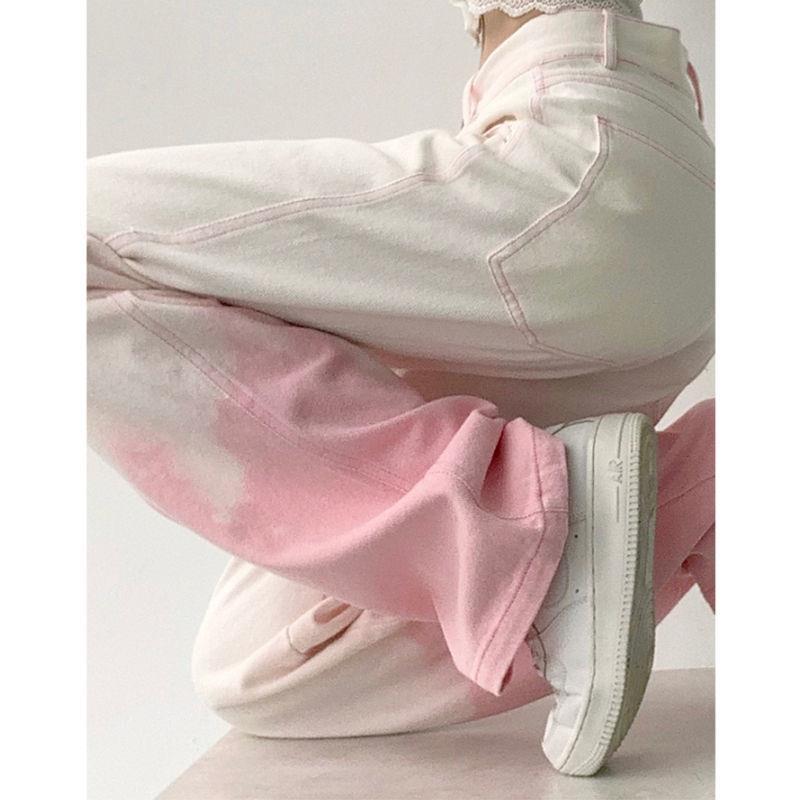European and American design mopping pants 2022 new high waist loose straight sweet and spicy gradient pink jeans summer thin