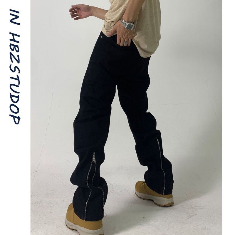 暗黑系高街拉鏈工裝牛仔褲男女ins潮牌寬鬆直筒黑色百搭休閒長褲