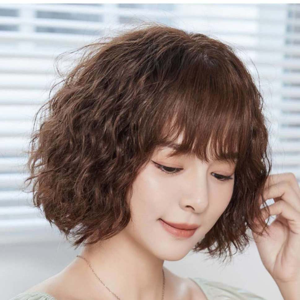 真发头套送妈妈中年女短发真人头发套纹理烫自然蓬松短卷发假发套