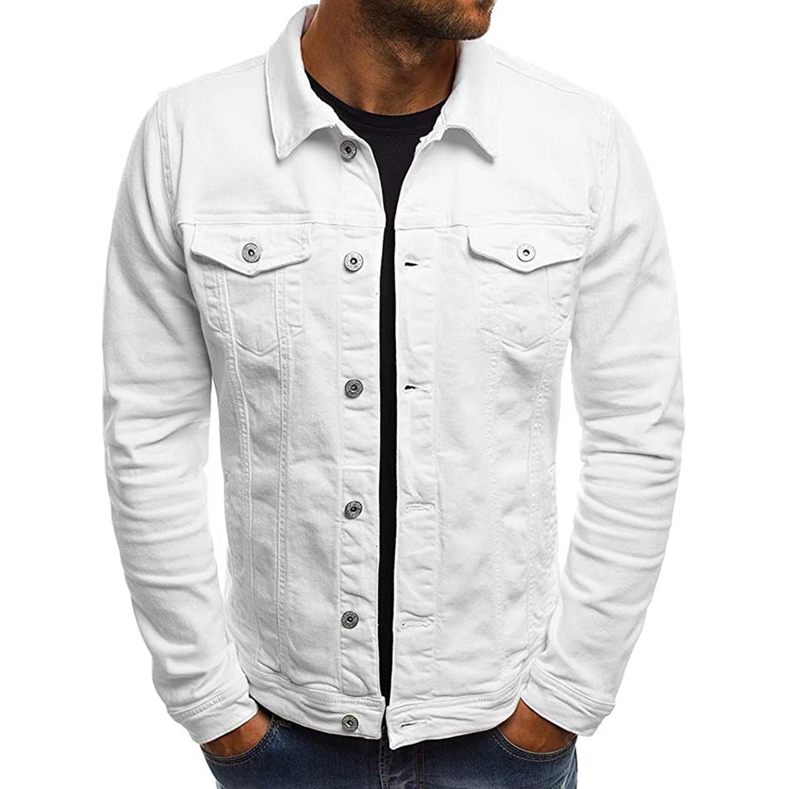 ripped denim jacket men slim jackets solid casual coat white