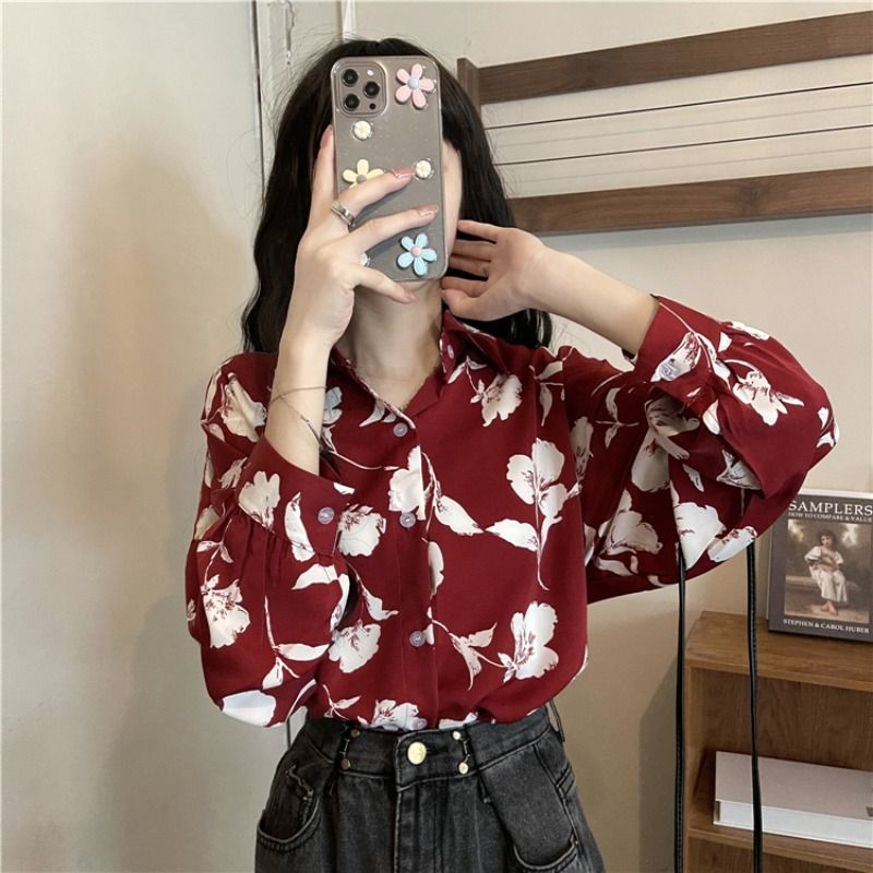 復古印花長袖港味紅色襯衫女早春2022新款寬鬆防曬衫桔梗碎花上衣