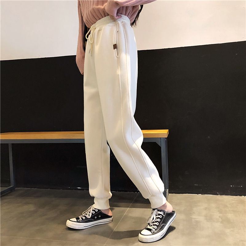 牛奶绒裤子束腿加绒运动裤夹棉哈伦裤女2021新款加厚显高时尚卫裤