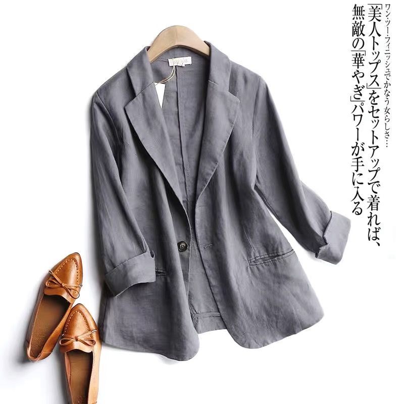Cotton and linen small suit jacket women's spring loose all-match temperament slim one button three quarter sleeve suit linen top