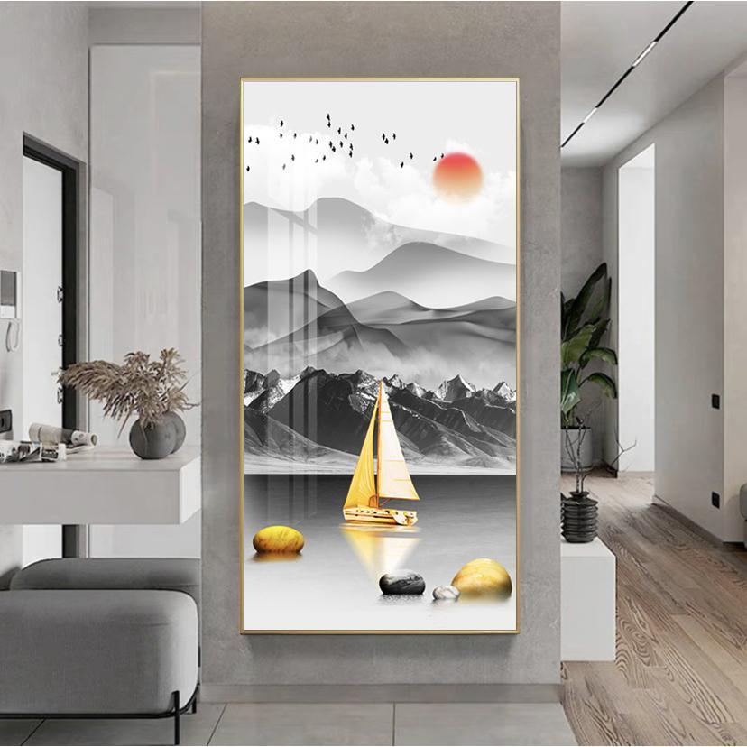 一帆风顺竖版玄关装饰画寓意好的轻奢现代入户迎面墙走廊挂画壁画