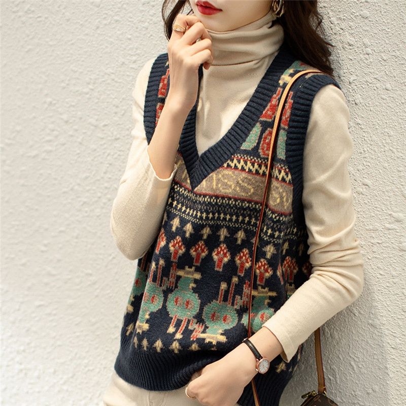 Lazy style retro vest female spring and autumn outer wear 2022 new loose V-neck sleeveless sweater knitted vest
