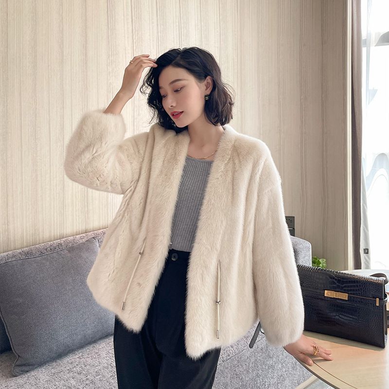 miyun紫貂级女整貂开衫v领系带时尚貂皮大衣短外套