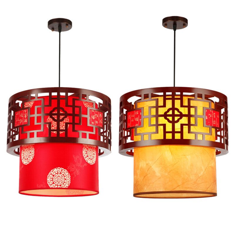 新中式吊灯餐厅复古中国风饭店圆形红灯笼灯具阳台过道羊皮小吊灯